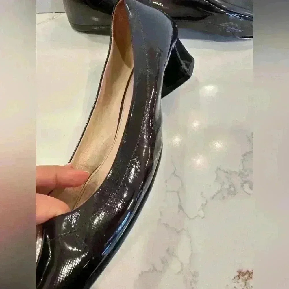 Prada Logo Black Patent Square Toe Low Block Heels Pumps Size 40 - Picture 9 of 12